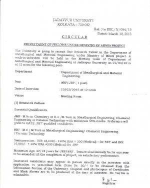 Jadavpur University Notified Walk-in Interview for Research Fellow Post 2015