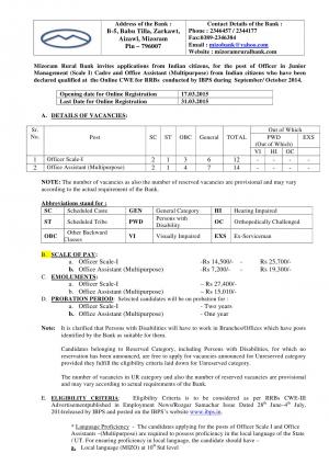 Mizoram Rural Bank Notified Recruitment to 26 Officer and Office Assistant Posts 2015