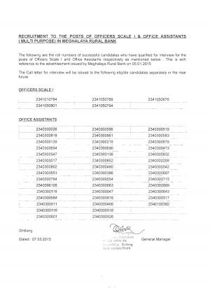 Meghalaya Rural Bank Office Scale I & Office Assistant Posts 2015: Interview List Released