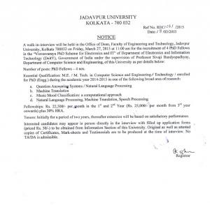 Jadavpur University Notified Recruitment for 04 PhD Fellows Post 2015