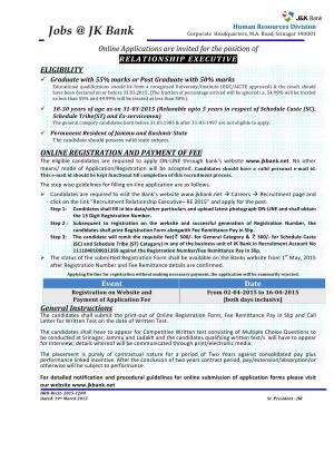 JK Bank Notified Recruitment for Relationship Executive Post 2015