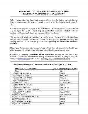 Indian Institute of Management Lucknow Fellow Programme in Management 2015
