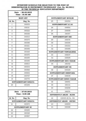 Kerala PSC Announced Interview Schedule for Demonstrator Post 2015