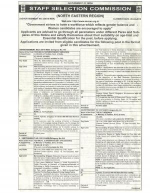 SSC NER Notified Recruitment to 15 Various Posts 2015
