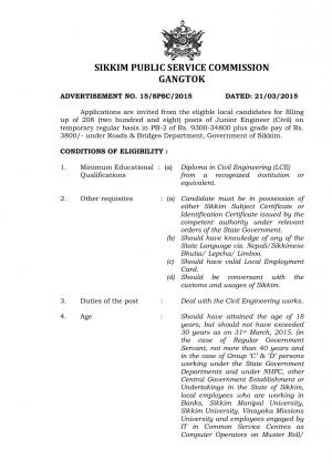 Sikkim PSC Notified Recruitment for 208 Junior Engineer Civil Posts 2015