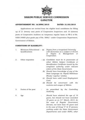 Sikkim PSC Notified Recruitment for 37 Cooperative Inspector Auditor Post 2015