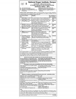 National Sugar Institute Kanpur Notified Admission for Various Courses 2015