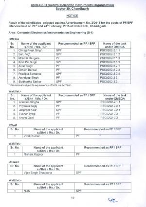 CSIR-CSIO Declared Interview Result for Project Fellow/ Sr. Project Fellow Post 2015