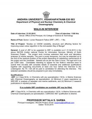 Andhra University Notified Walk in Interview for 01 Senior Junior Research Fellow Post 2015