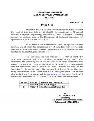 Himachal Pradesh PSC Declared Interview Result for Lecturer Post 2015