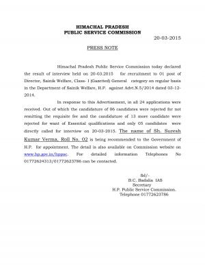Himachal Pradesh PSC Declared Interview Result for Director Post 2015