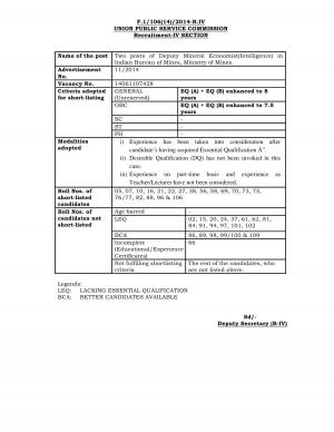 UPSC Declared Result for Deputy Mineral Economist Post 2014