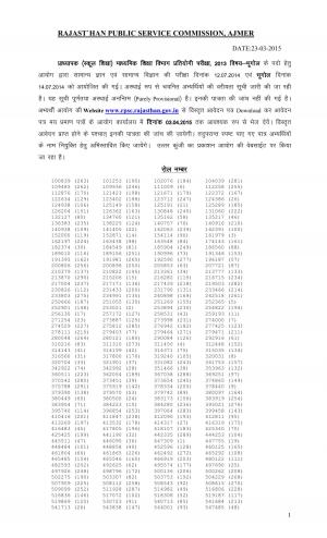 Rajasthan PSC Ajmer School Lecturer Competitive Exam 2013 Result III Geography