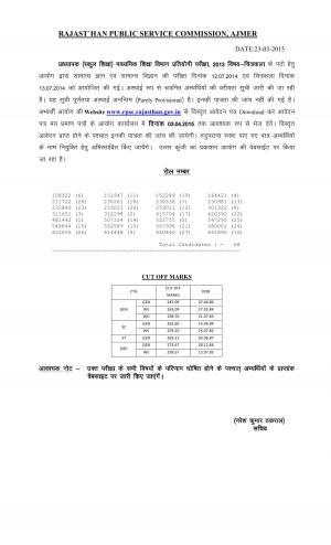 Rajasthan PSC Ajmer School Lecturer Competitive Exam 2013 Result III Drawing