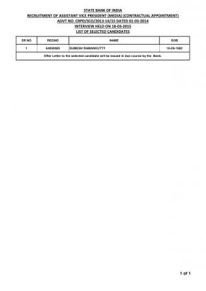 SBI Declared Result for Assistant Vice President (Media) Post 2015