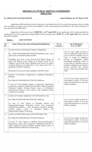 Meghalaya PSC Notified Recruitment for 69 Various Posts 2015