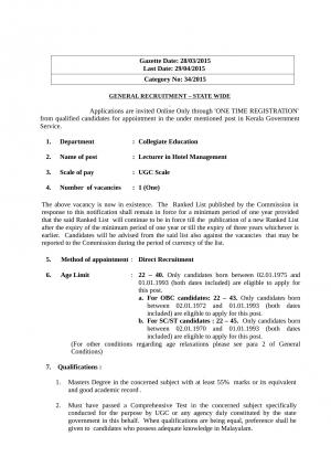 KPSC Notified Recruitment to 02 Posts of Lecturer and Asst Engineer 2015 (1)