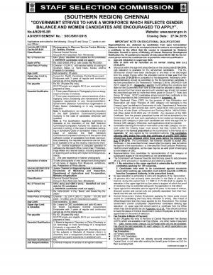 SSC Southern Region Notified Recruitment for 05 Photographer & Junior Chemist Post 2015