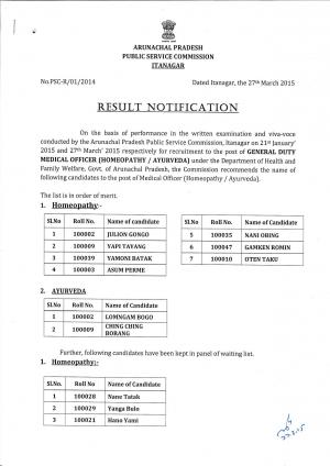 Arunachal Pradesh PSC Declared Result for Medical Officer Post 2014