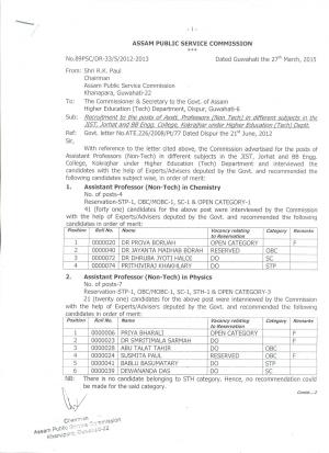 Assam PSC Declared Result for Assistant Professor Post 2013