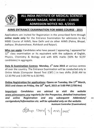 AIIMS New Delhi Notified Admission for MBBS Course 2015