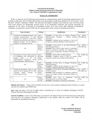 Forest Research Institute Notified Walk in Interview for 06 JRF Posts 2015