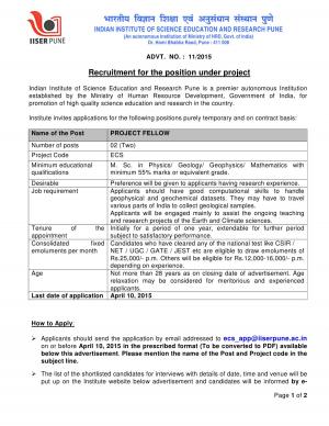 IISER Pune Notified Recruitment for 02 Project Fellow Post 2015