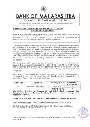 Bank of Maharashtra Notified Recruitment to 40 Posts of Chartered Accountants 2015