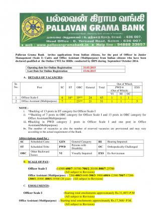 Pallavan Grama Bank Notified Recruitment for 116 Officer & Office Assistant Posts 2015