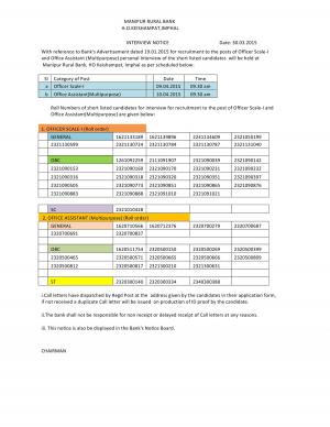 Manipur Rural Bank Issued Interview Schedule for Officer Scale – I & Office Assistant Post 2015
