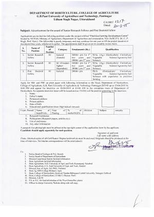 GBPUAT Notified Recruitment for 03 SRF & Post Doctoral Fellow Post 2015