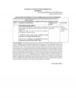 National Institute of Hydrology Notified Recruitment for JRF Post 2015