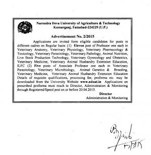 NDUAT, U.P. Notified Recruitment to 16 Professor and Associate Professor Posts 2015
