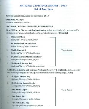 National GeoScience Awards 2014 list