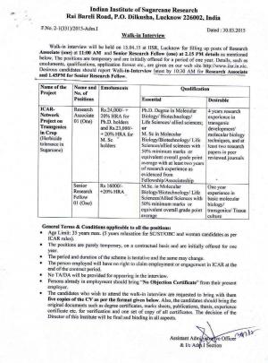 Indian Institute of Sugarcane Research Notified Recruitment to 2 Posts
