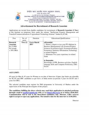 CIBA Chennai Notified Recruitment for 02 Research Associate Posts 2015