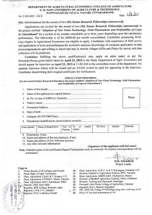 GBPUAT Notified Recruitment for 02 Senior Research Fellow Post 2015