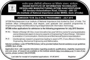 IIIT D&M, Kancheepuram Notified Admission to Master (Design) & PhD Program 2015