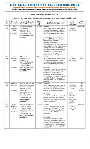 National Centre for Cell Science Notified Recruitment for 10 DF, SRF, JRF and RA Posts 2015
