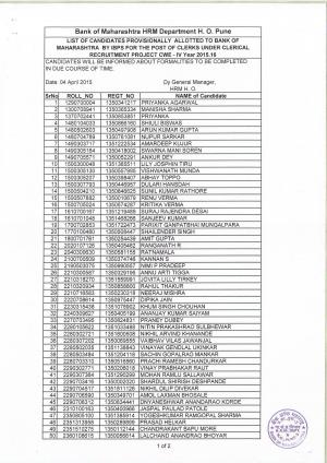 Bank of Maharastra Issued Final List of Candidates for Clerks Post 2015