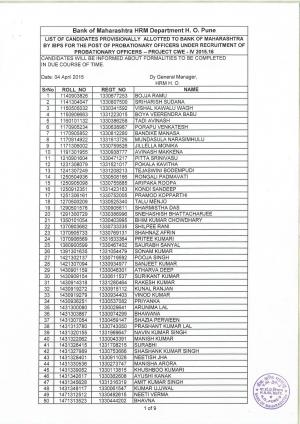 Bank of Maharastra Issued Final List of Candidates for Probationary Officers Post 2015