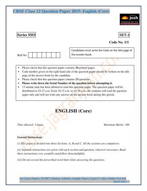 CBSE Class 12 English Core Question Paper 2015