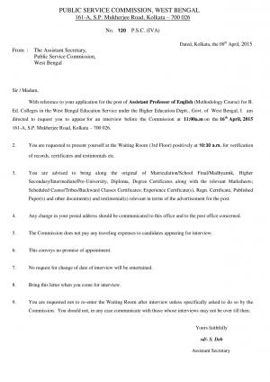 West Bengal PSC Announced Interview Schedule for Assistant Professor for English Post 2015