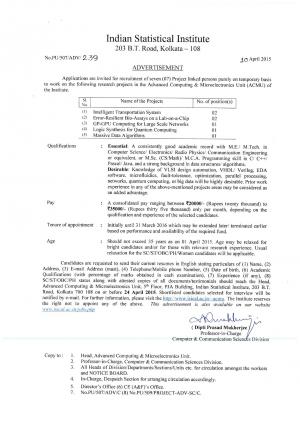 Indian Statistical Institute, Kolkata Notified Recruitment for 07 Project Fellow Posts 2015