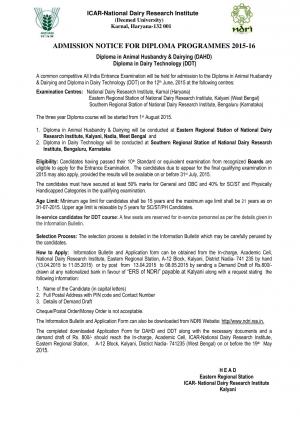ICAR-National Dairy Research Institute Notified Admission for Diploma Programmes 2015-16