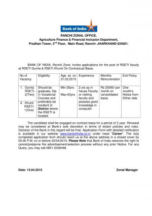 Bank of India Notified Recruitment for 03 RSETI Faculty Posts 2015