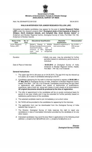 Zoological Survey of India Notified Recruitment for JRF Post 2015