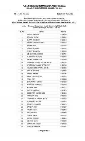 WBPSC Audit & Accounts Service (Special Recruitment) Examination, 2013: Final Result Declared