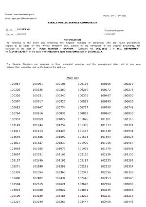 KPSC Announced PET List for Male Warder (Thrissur & Kannur) Post 2014 (1)