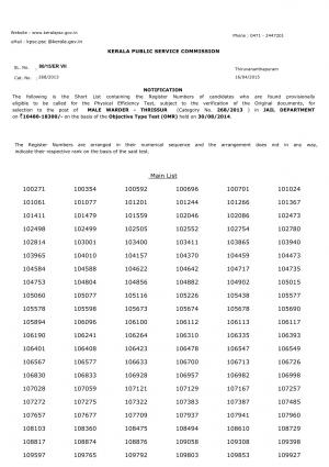 KPSC Announced PET List for Male Warder (Thrissur & Kannur) Post 2014 (2)